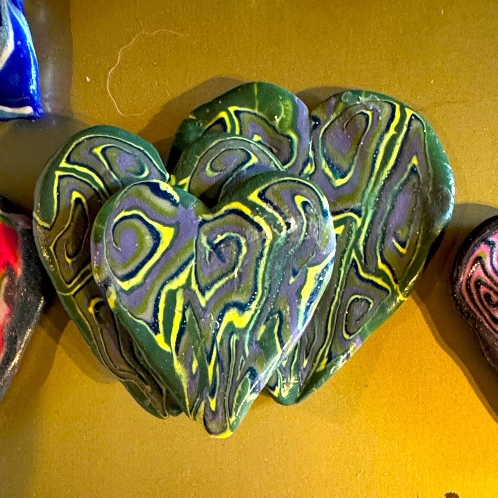 Handmade Original Abstract Heart-Shaped Polymer Clay Art Pieces.(Triple Hearts)